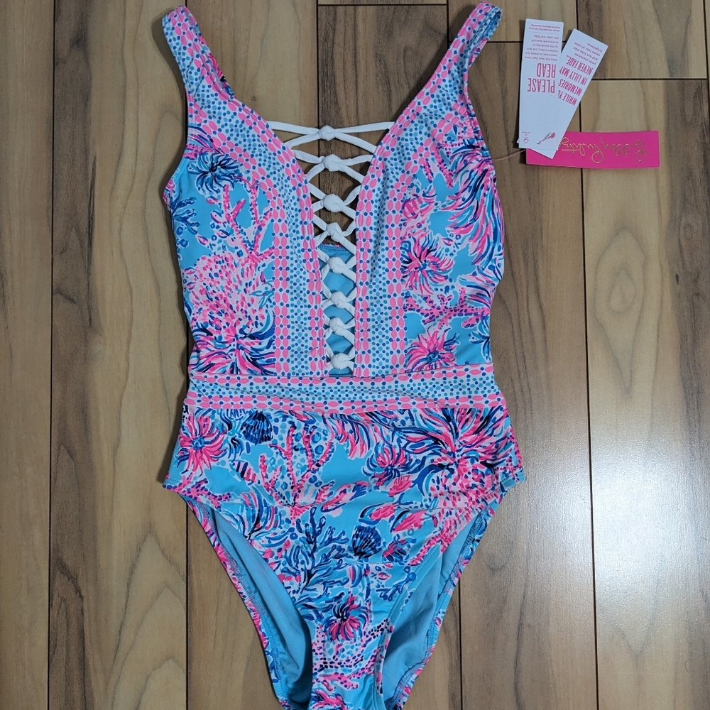 NWT Lilly Pulitzer Caseylee Lattice One Piece SwimSuit Celestial Blue Seek&Sea 0